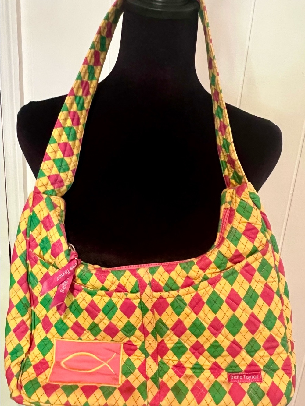 BELLA TAYLOR quilted pink, green and yellow bag.  Fish logo and diamond pattern.